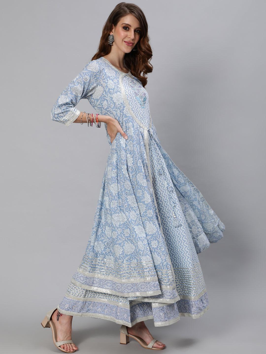 Women's Blue Zari Embroidered Flare Anarkali Kurta With Jacket - Ishin - Indiakreations