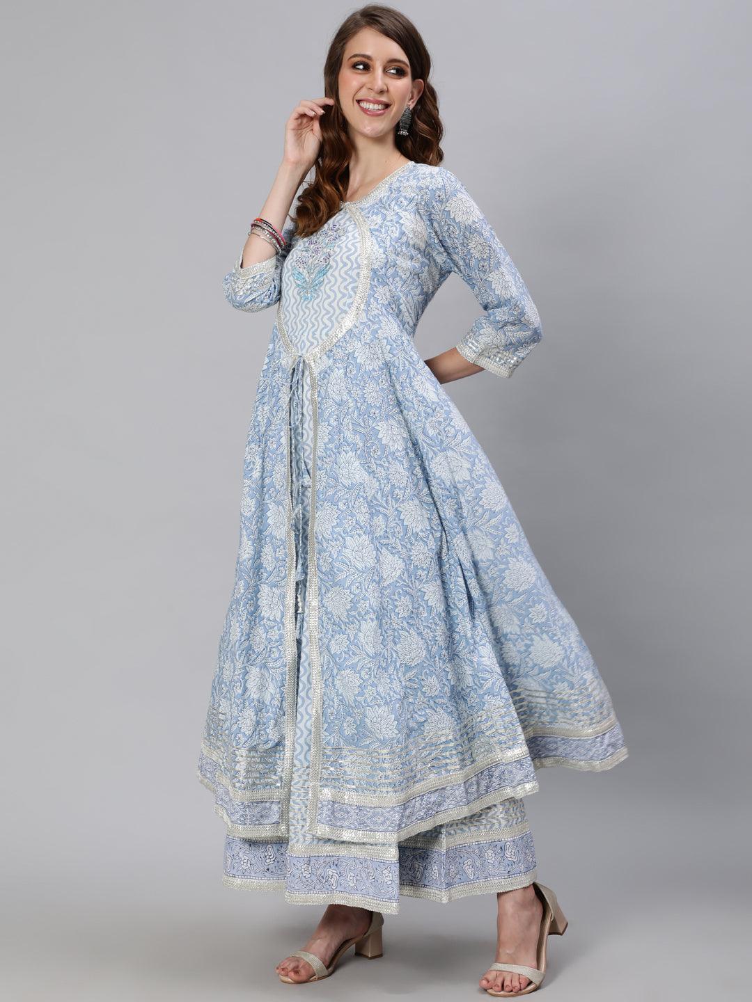 Women's Blue Zari Embroidered Flare Anarkali Kurta With Jacket - Ishin - Indiakreations