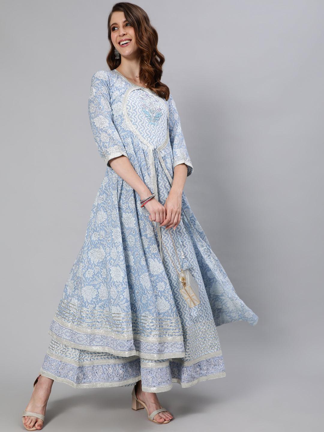 Women's Blue Zari Embroidered Flare Anarkali Kurta With Jacket - Ishin - Indiakreations