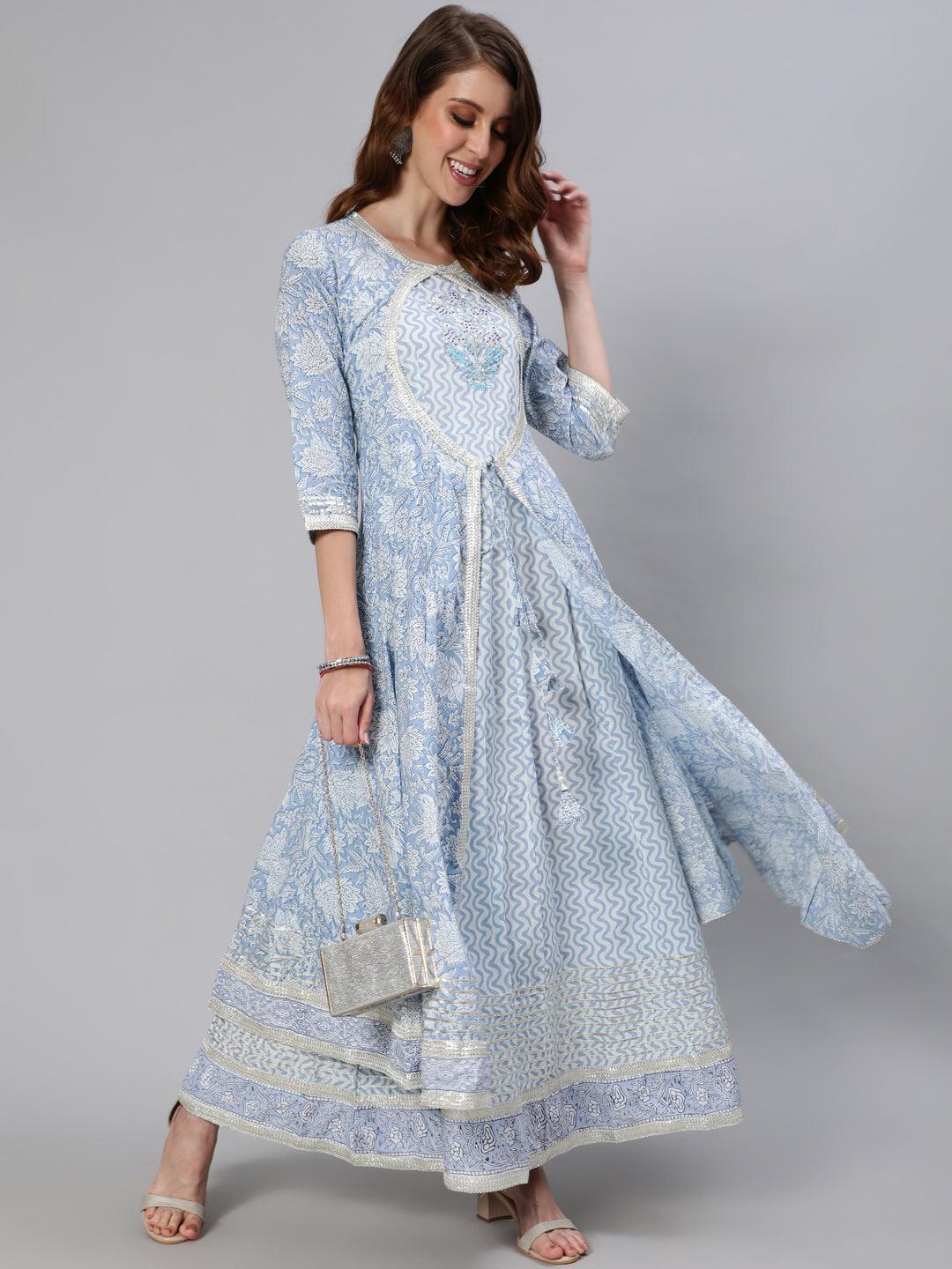 Women's Blue Zari Embroidered Flare Anarkali Kurta With Jacket - Ishin - Indiakreations