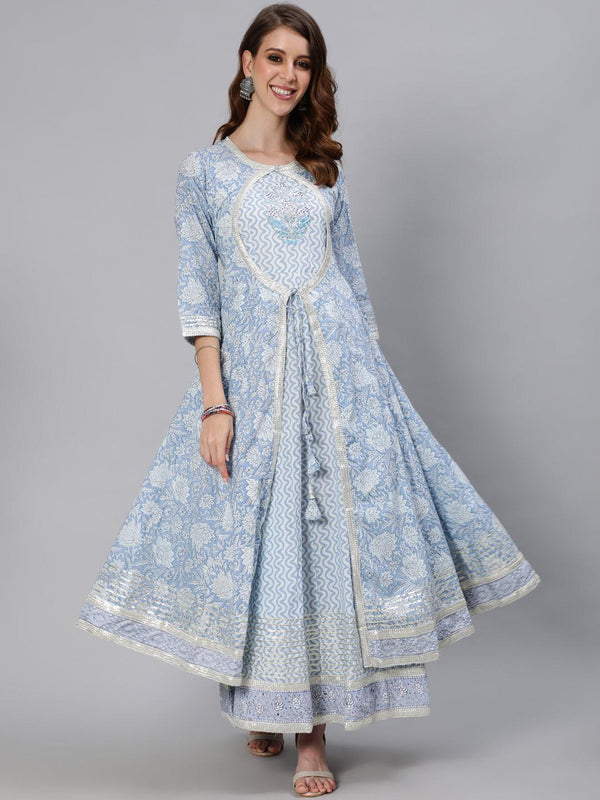 Women's Blue Zari Embroidered Flare Anarkali Kurta With Jacket - Ishin - Indiakreations