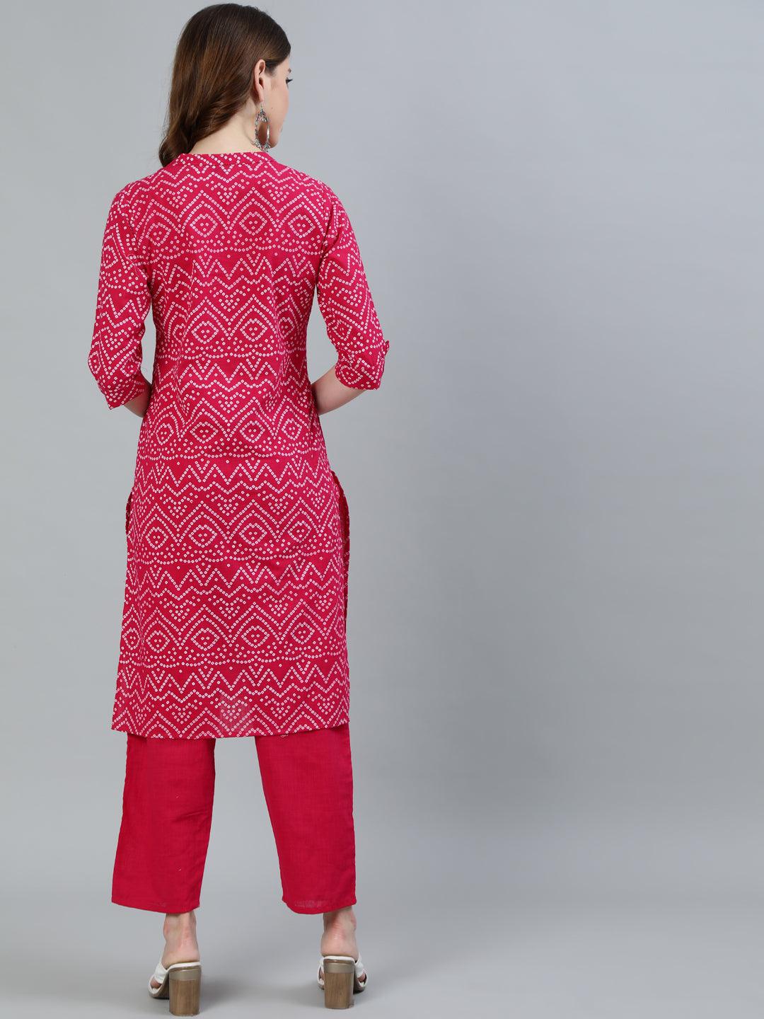 Women's Pink Bandhani Straight Kurta With Trouser - Ishin - Indiakreations