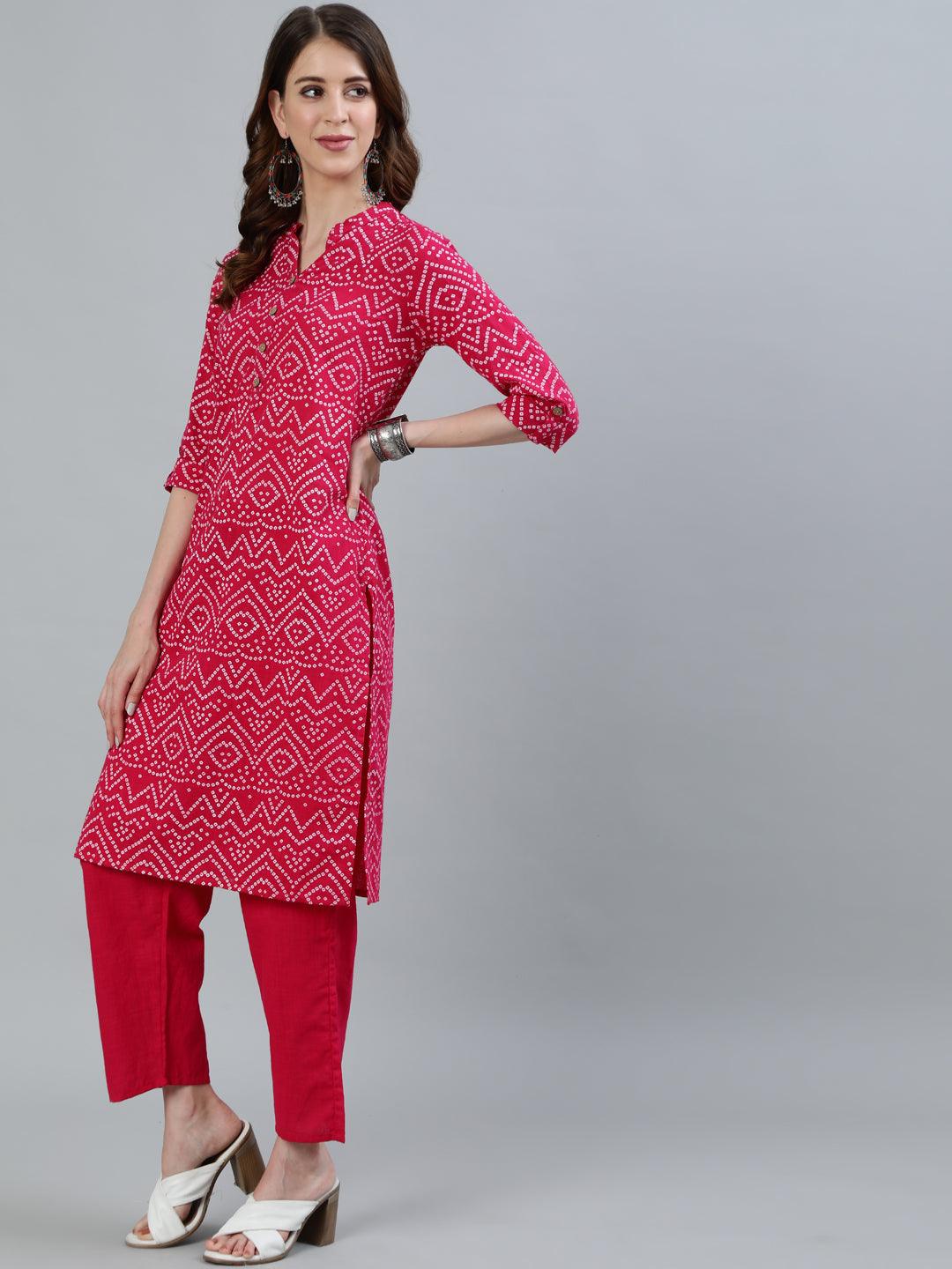 Women's Pink Bandhani Straight Kurta With Trouser - Ishin - Indiakreations