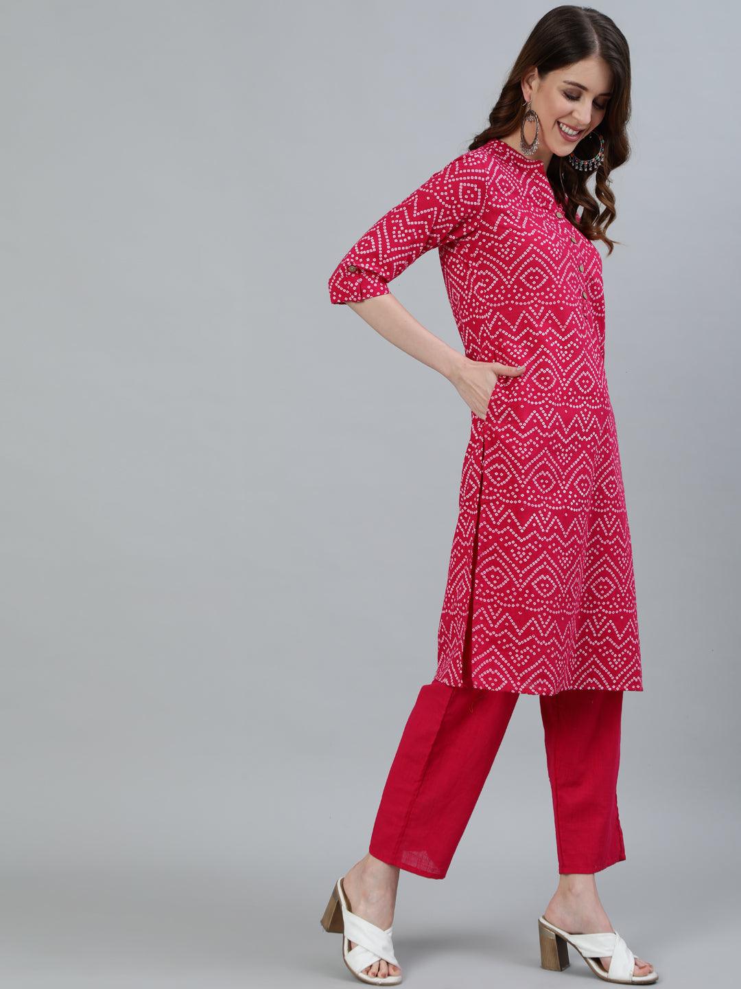 Women's Pink Bandhani Straight Kurta With Trouser - Ishin - Indiakreations