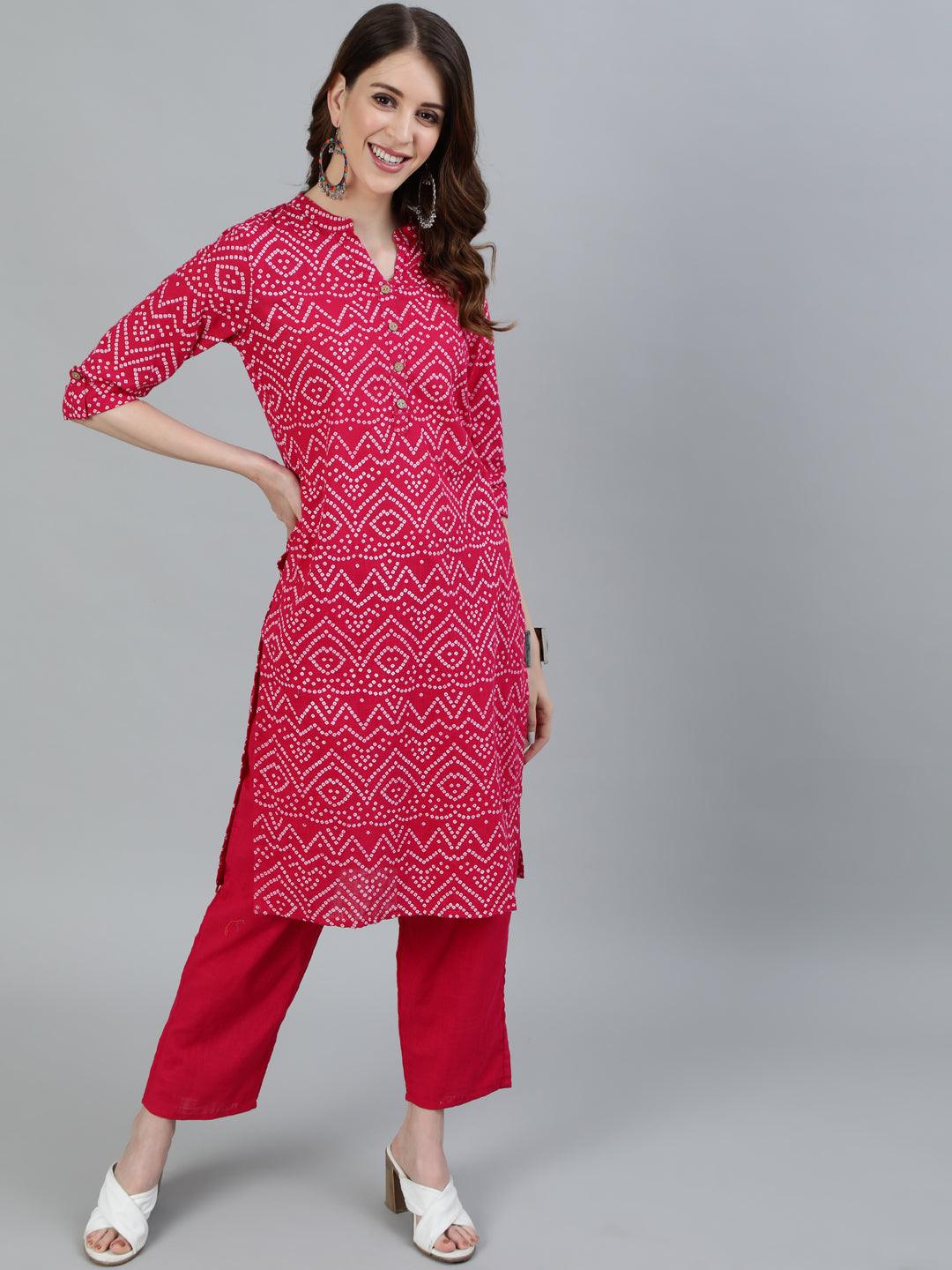 Women's Pink Bandhani Straight Kurta With Trouser - Ishin - Indiakreations