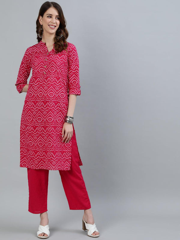 Women's Pink Bandhani Straight Kurta With Trouser - Ishin - Indiakreations