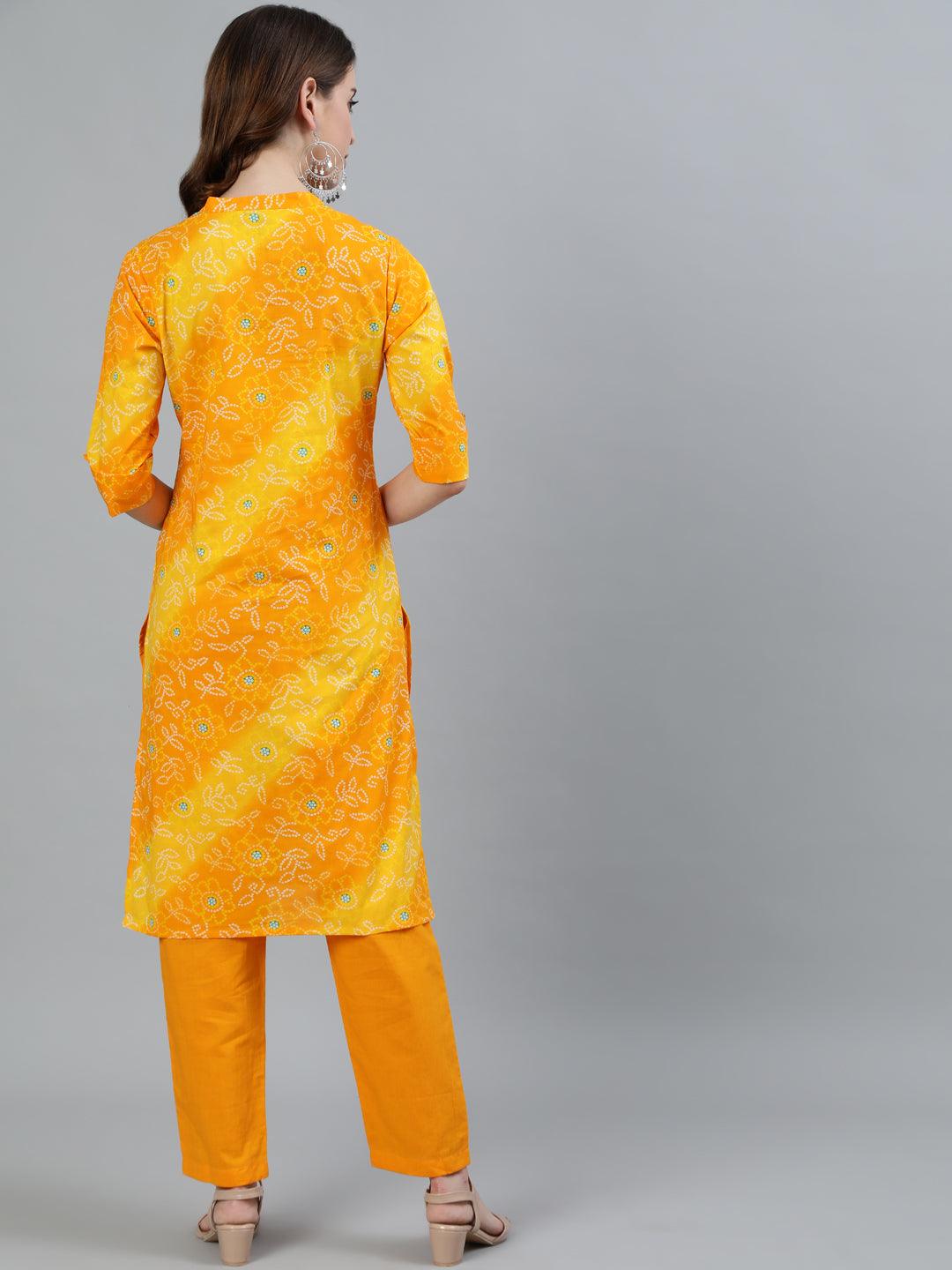 Women's Mustard Bandhani Printed Straight Kurta With Trouser - Ishin - Indiakreations