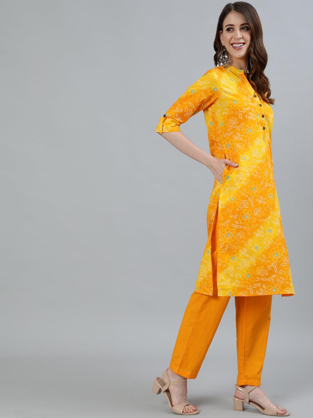 Women's Mustard Bandhani Printed Straight Kurta With Trouser - Ishin - Indiakreations