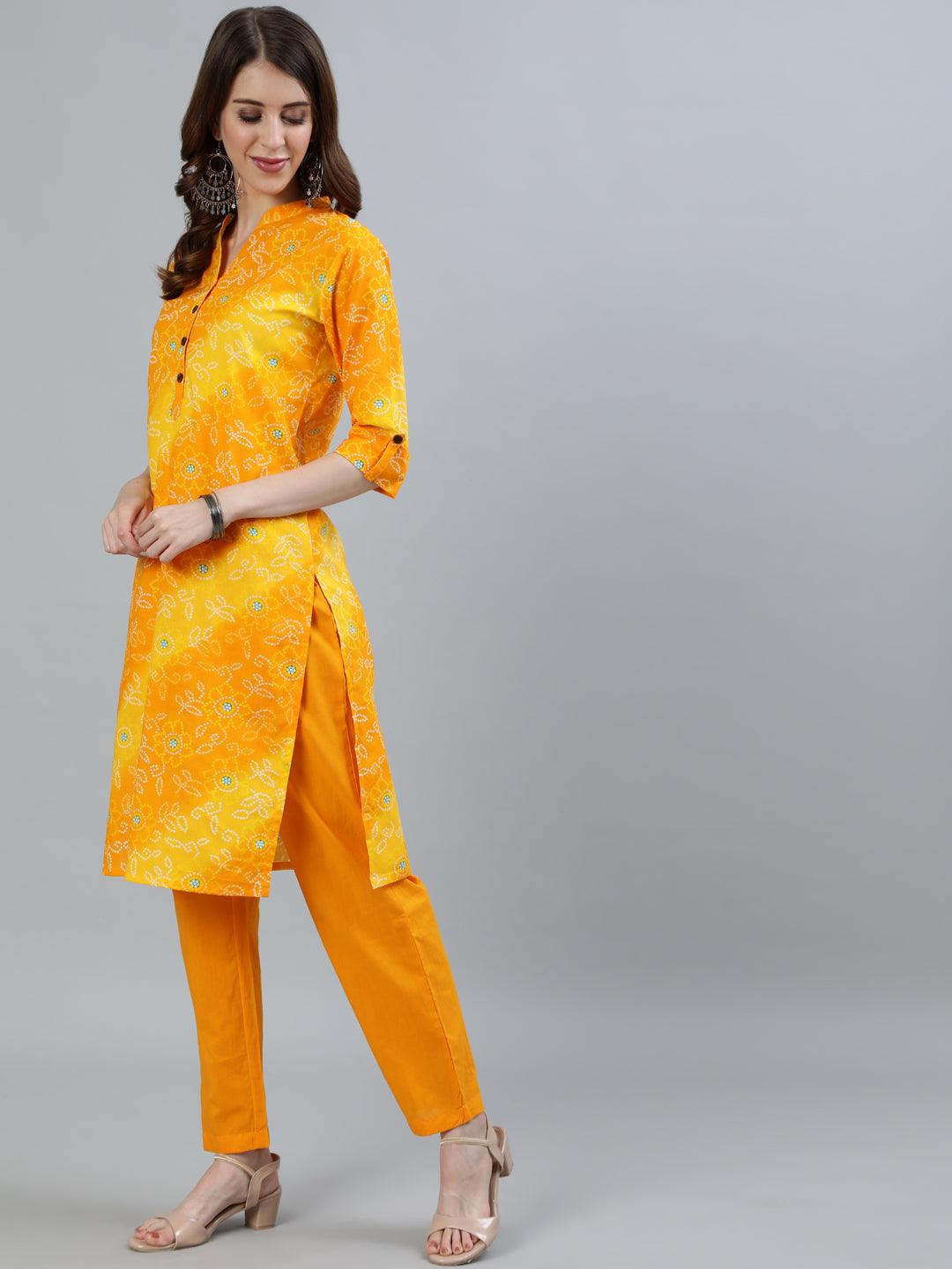 Women's Mustard Bandhani Printed Straight Kurta With Trouser - Ishin - Indiakreations