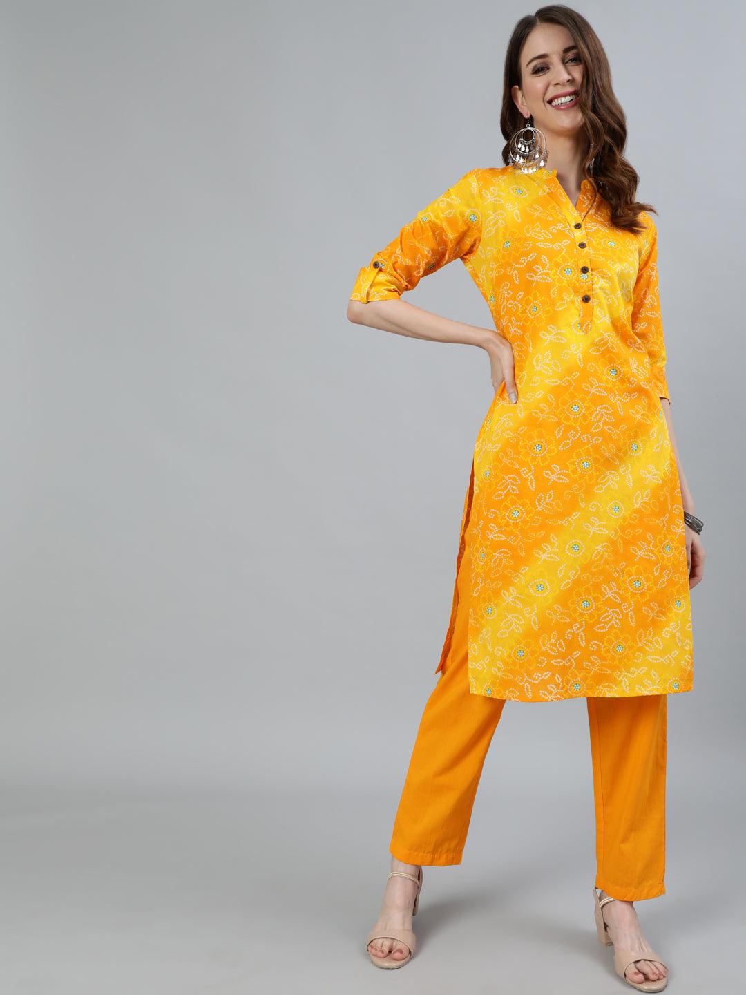 Women's Mustard Bandhani Printed Straight Kurta With Trouser - Ishin - Indiakreations