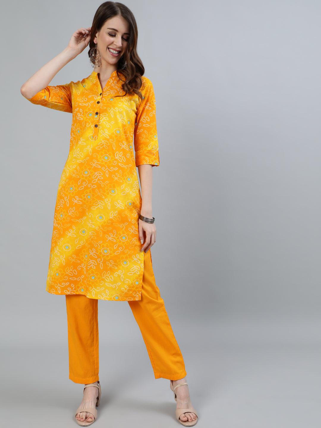 Women's Mustard Bandhani Printed Straight Kurta With Trouser - Ishin - Indiakreations