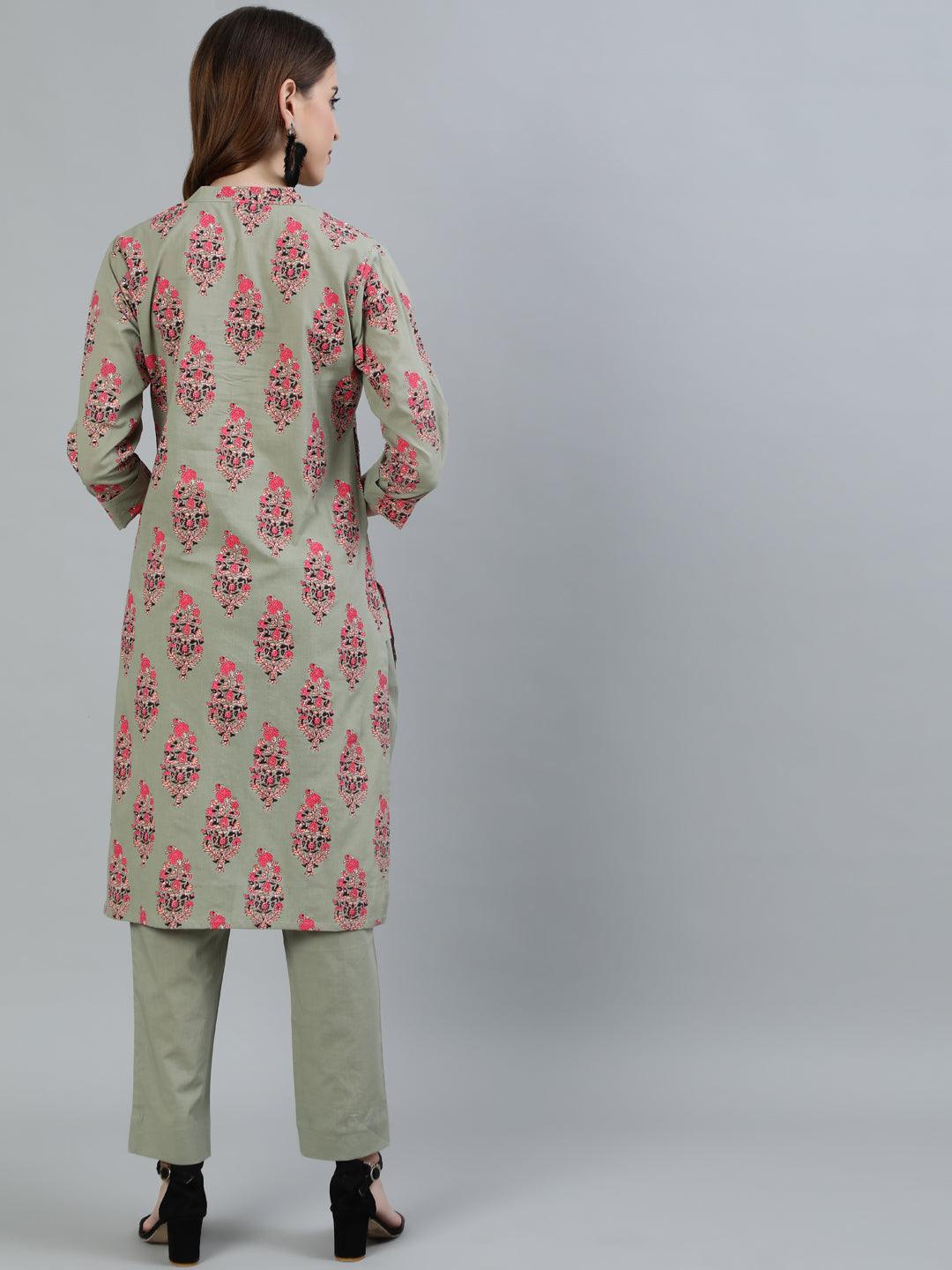 Women's Green Block Printed Straight Kurta With Trouser - Ishin - Indiakreations