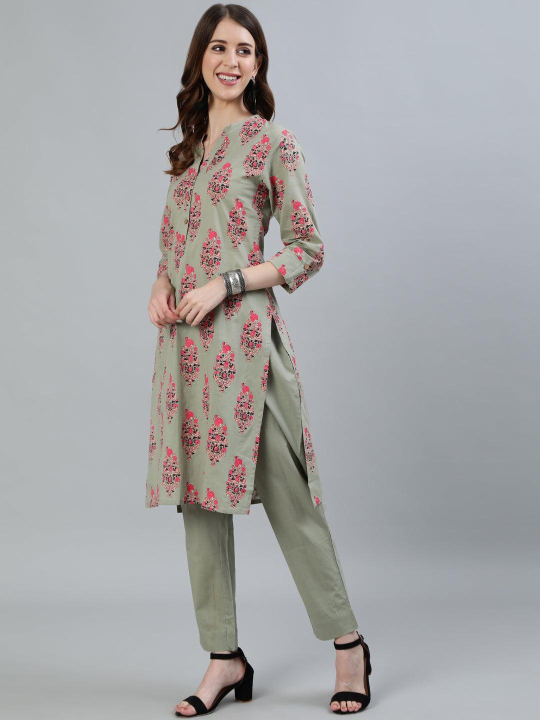 Women's Green Block Printed Straight Kurta With Trouser - Ishin - Indiakreations