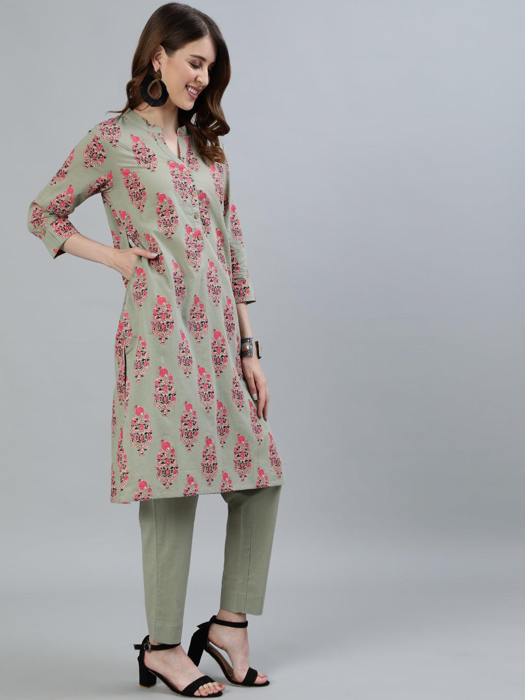 Women's Green Block Printed Straight Kurta With Trouser - Ishin - Indiakreations