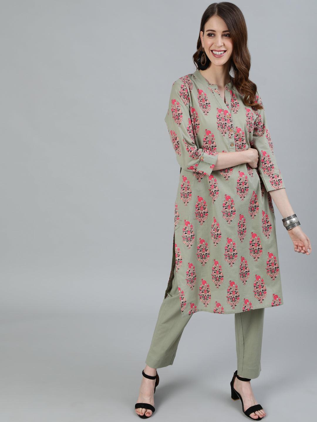 Women's Green Block Printed Straight Kurta With Trouser - Ishin - Indiakreations