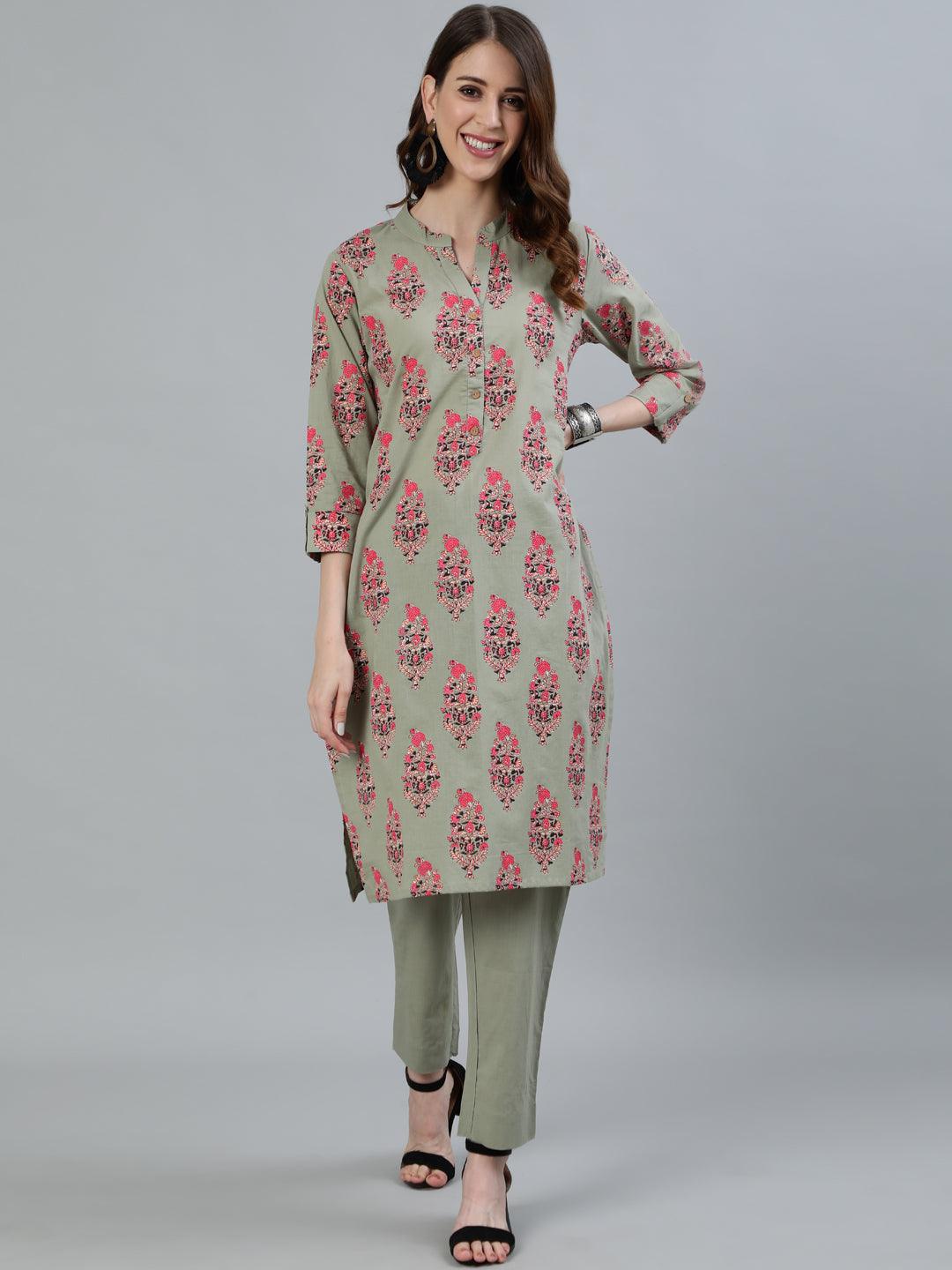 Women's Green Block Printed Straight Kurta With Trouser - Ishin - Indiakreations