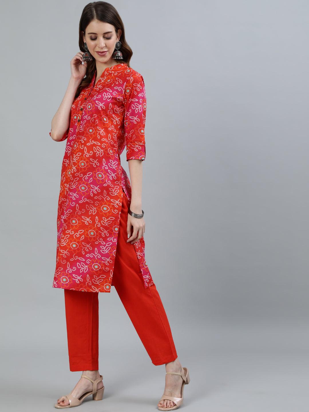 Women's Multi Color Bandhani Printed Straight Kurta With Trouser - Ishin - Indiakreations