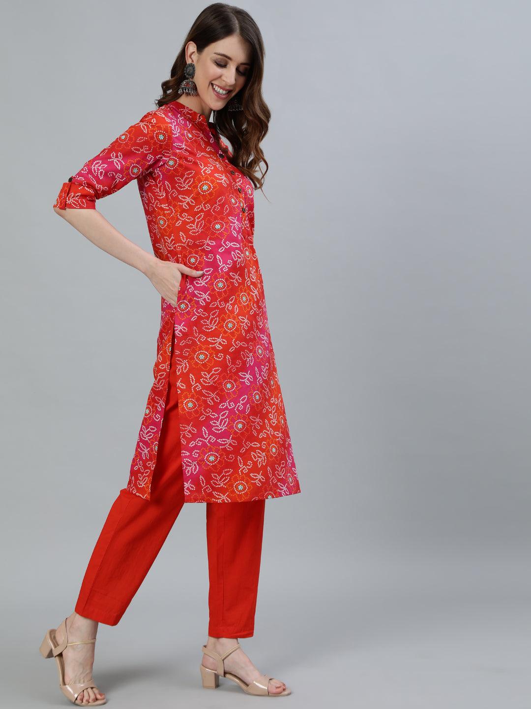 Women's Multi Color Bandhani Printed Straight Kurta With Trouser - Ishin - Indiakreations