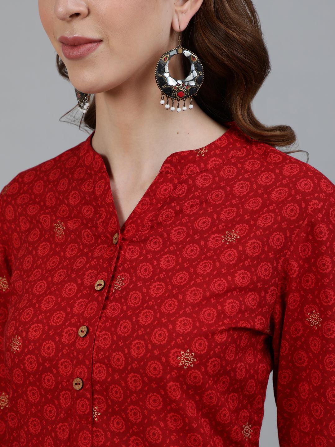 Women's Red Printed Straight Kurta With Trouser - Ishin - Indiakreations