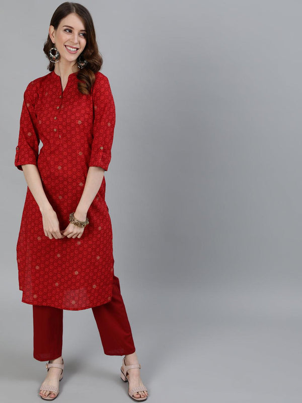 Women's Red Printed Straight Kurta With Trouser - Ishin - Indiakreations