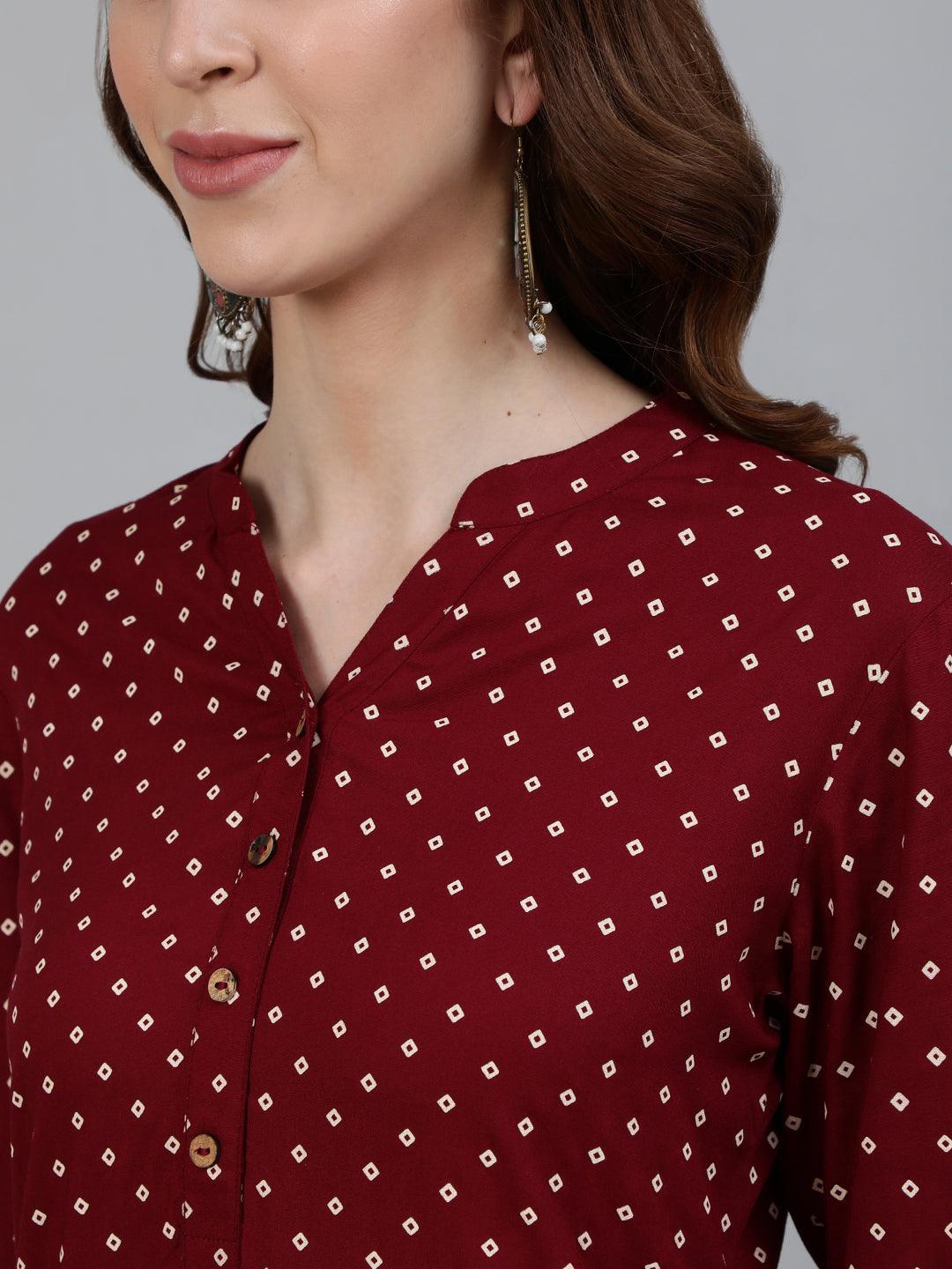 Women's Maroon Bandhani Printed Straight Kurta With Trouser - Ishin - Indiakreations