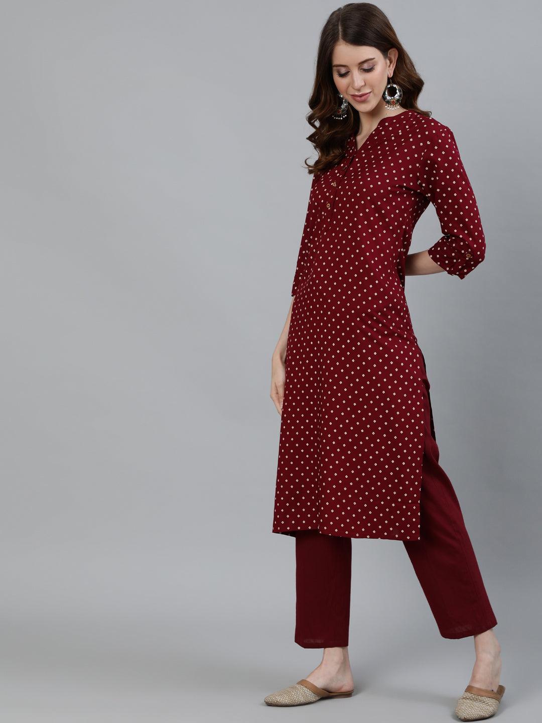 Women's Maroon Bandhani Printed Straight Kurta With Trouser - Ishin - Indiakreations