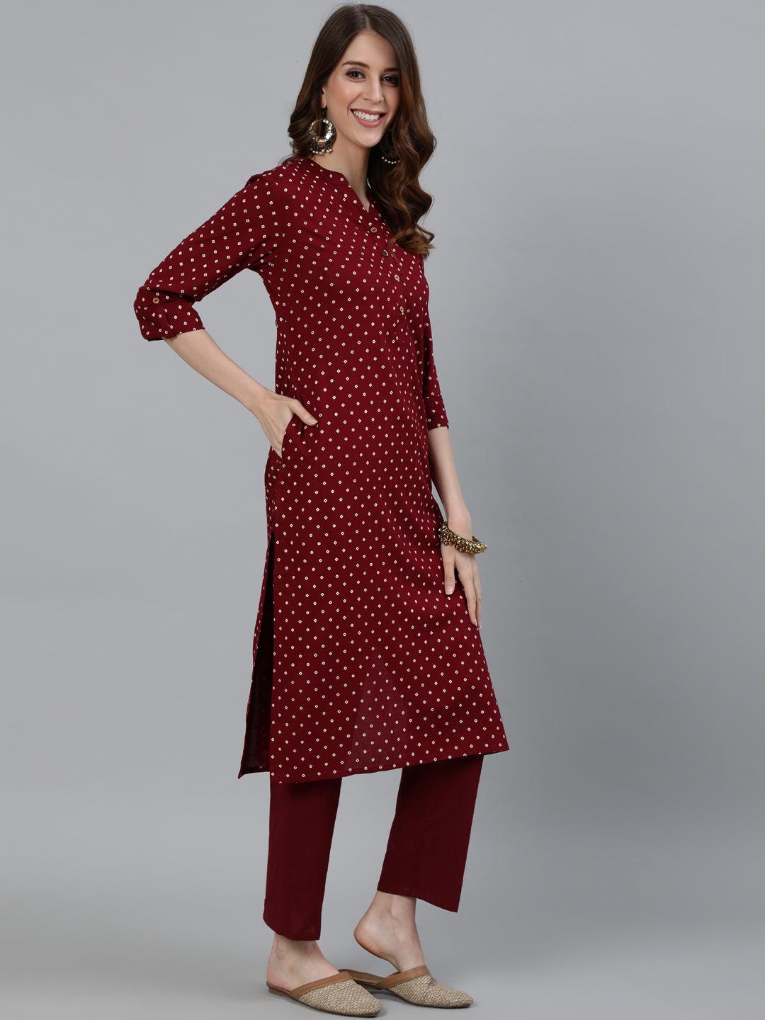 Women's Maroon Bandhani Printed Straight Kurta With Trouser - Ishin - Indiakreations