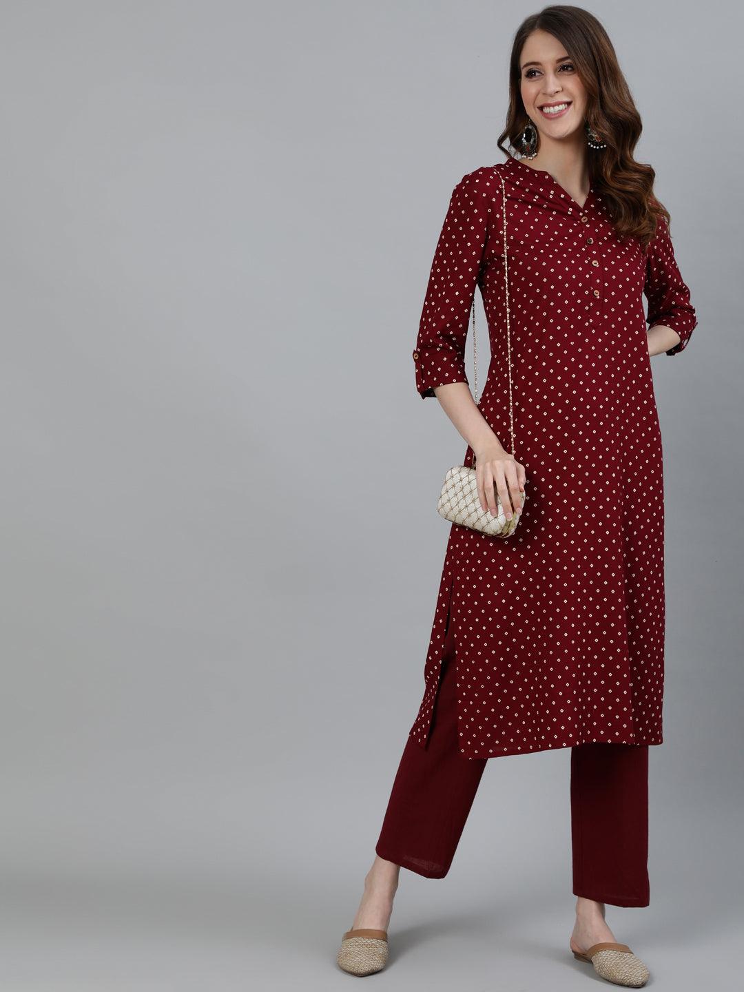 Women's Maroon Bandhani Printed Straight Kurta With Trouser - Ishin - Indiakreations