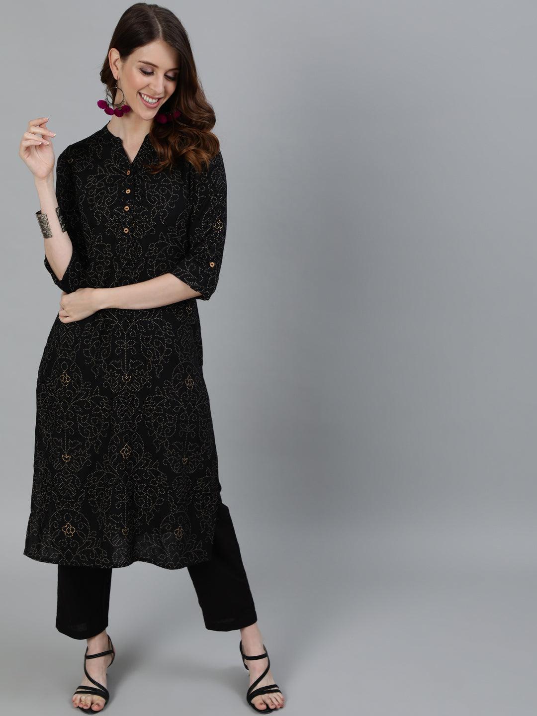 Women's Black Ethnic Motif Printed Straight Kurta With Trouser - Ishin - Indiakreations