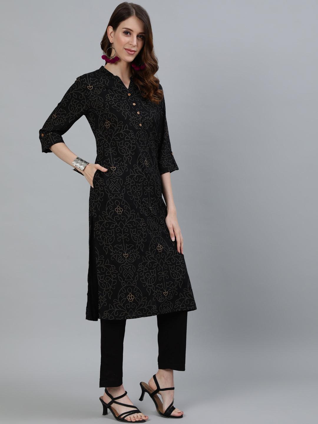 Women's Black Ethnic Motif Printed Straight Kurta With Trouser - Ishin - Indiakreations