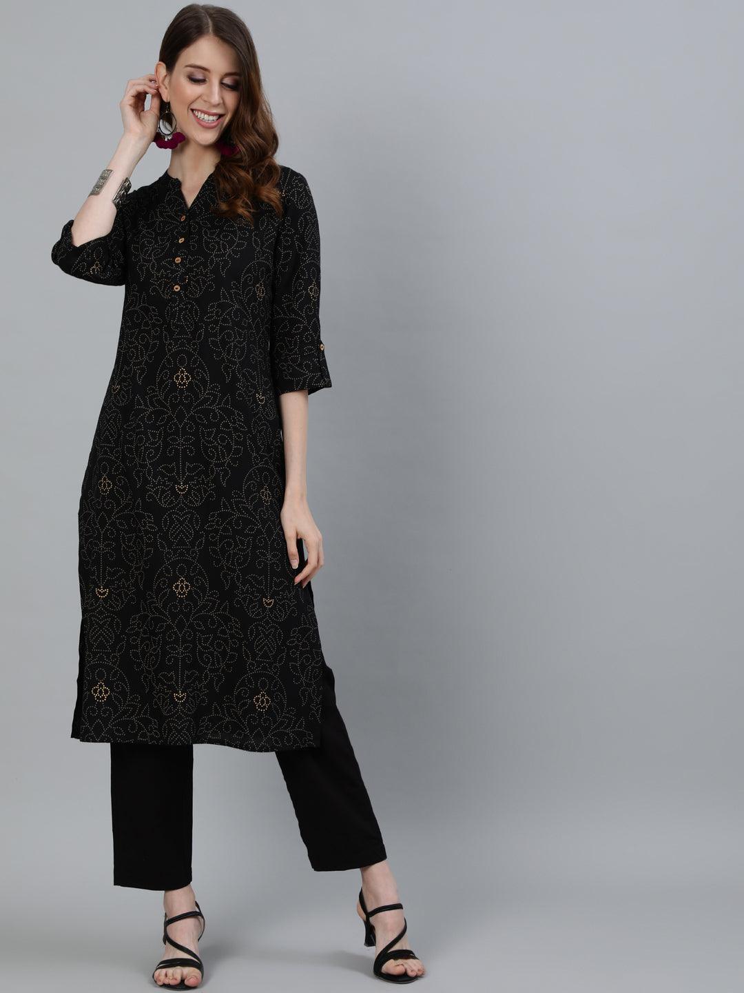 Women's Black Ethnic Motif Printed Straight Kurta With Trouser - Ishin - Indiakreations