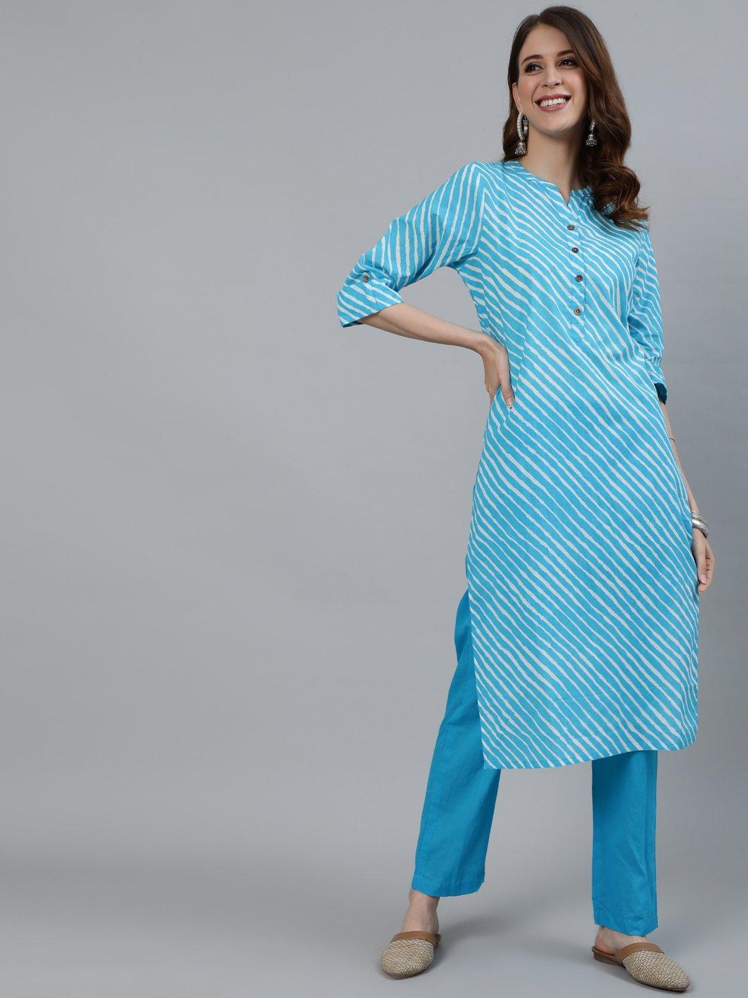 Women's Blue Leheriya Straight Kurta With Trouser - Ishin - Indiakreations