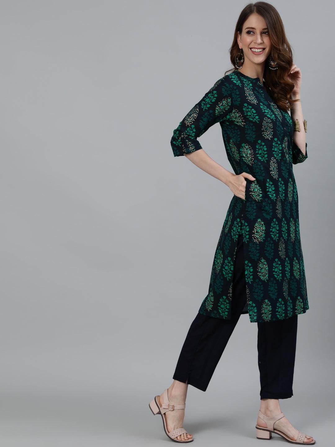 Women's Navy Blue Block Printed Straight Kurta With Trouser - Ishin - Indiakreations