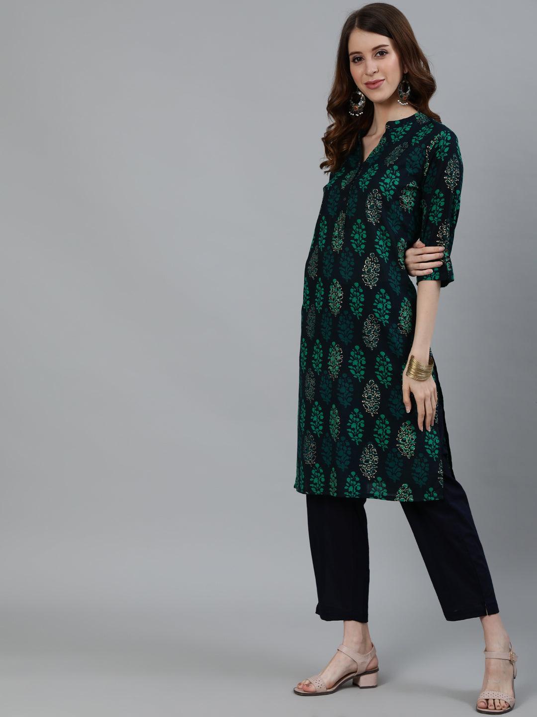 Women's Navy Blue Block Printed Straight Kurta With Trouser - Ishin - Indiakreations