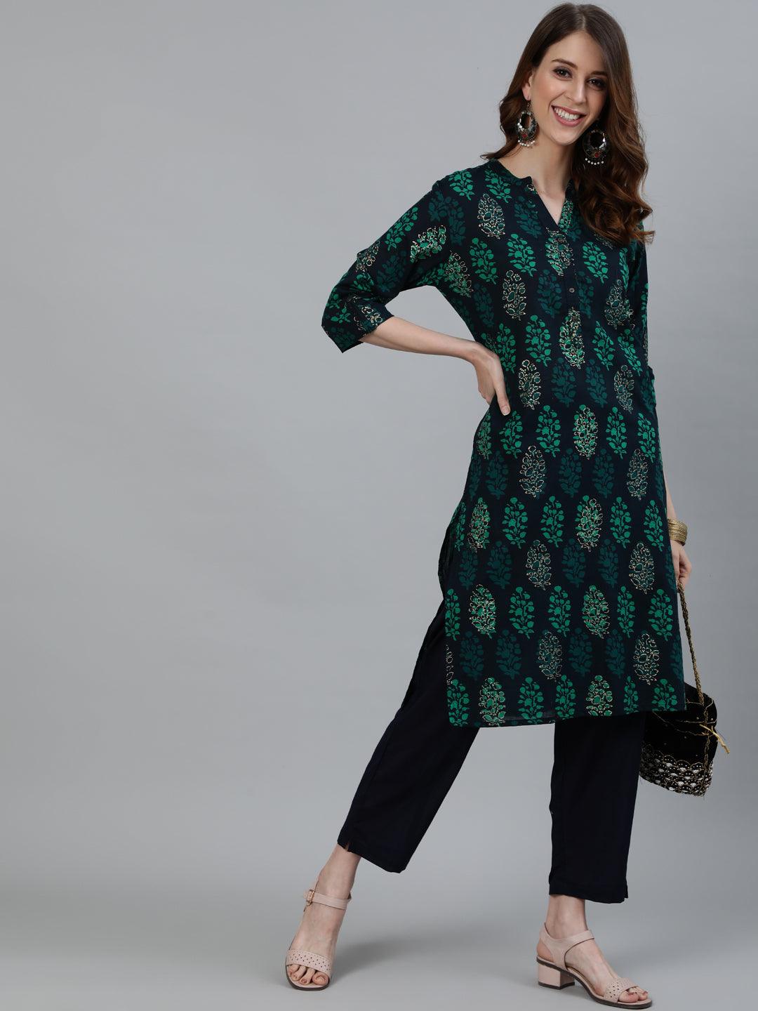 Women's Navy Blue Block Printed Straight Kurta With Trouser - Ishin - Indiakreations