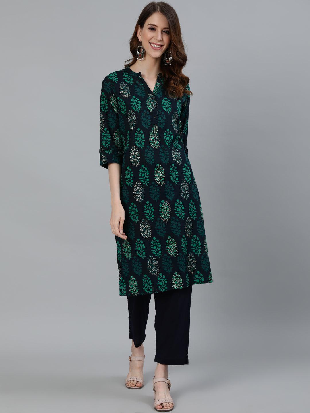 Women's Navy Blue Block Printed Straight Kurta With Trouser - Ishin - Indiakreations