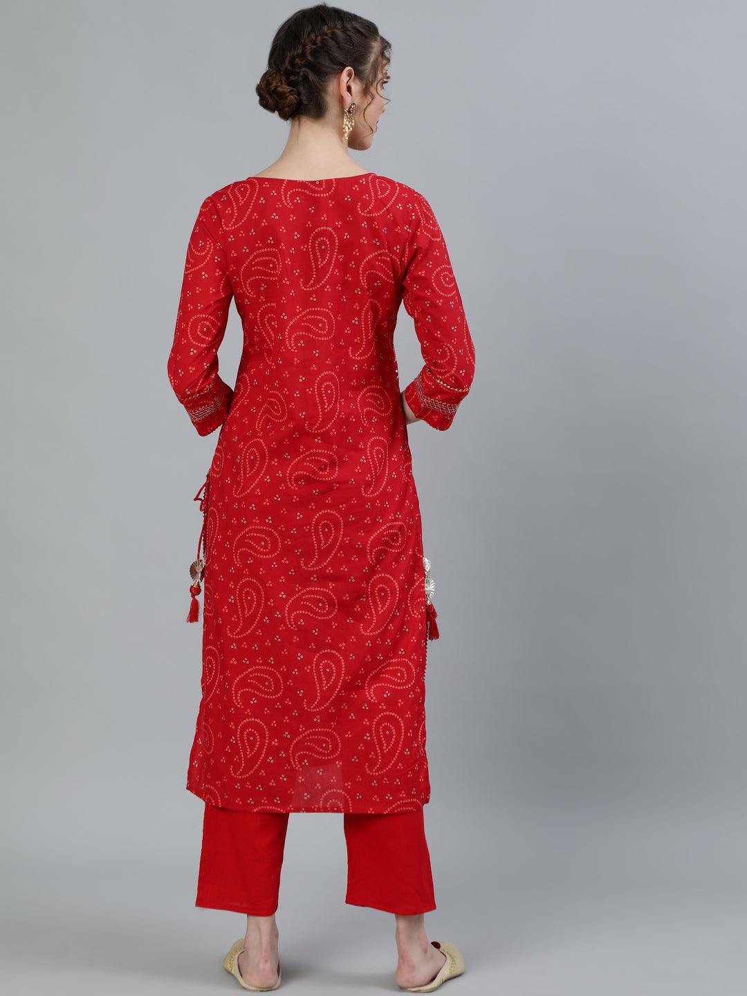 Women's Red Embroidered Straight Kurta With Trouser - Ishin - Indiakreations