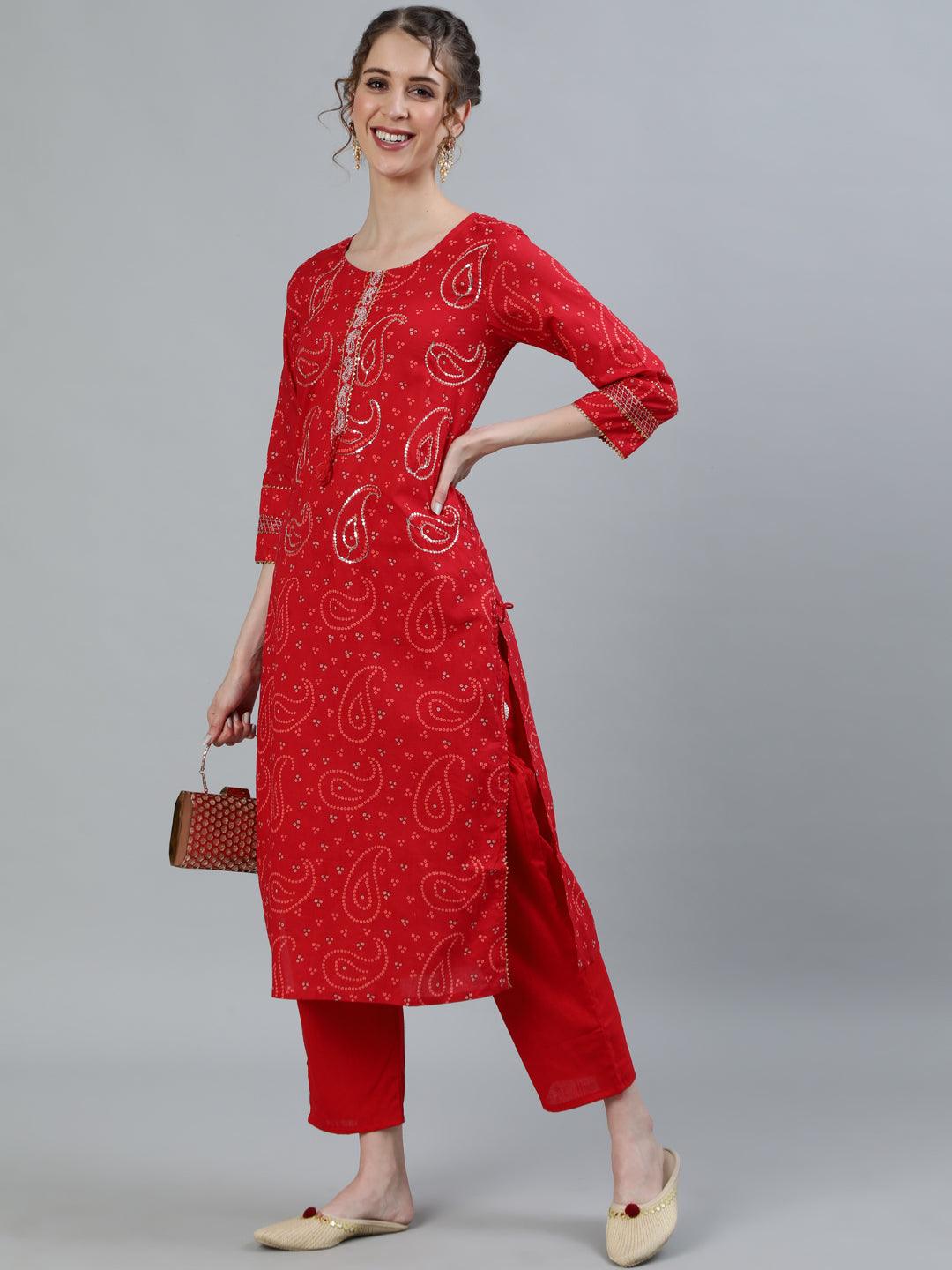 Women's Red Embroidered Straight Kurta With Trouser - Ishin - Indiakreations