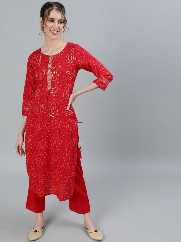 Women's Red Embroidered Straight Kurta With Trouser - Ishin - Indiakreations