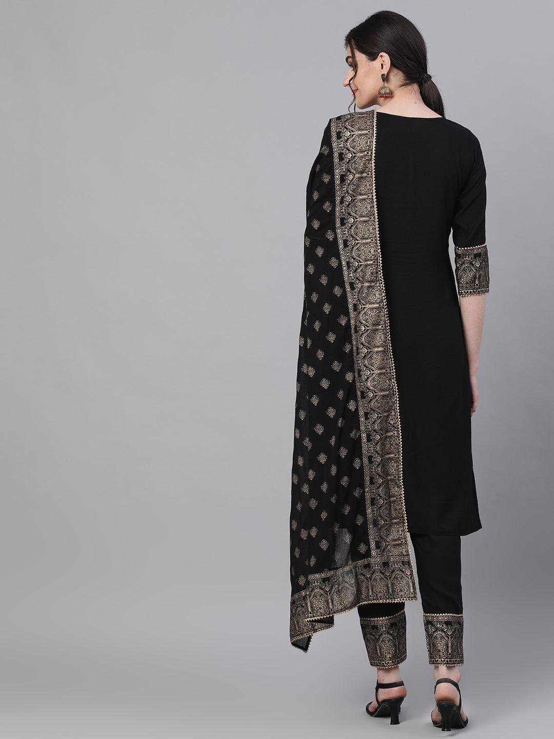 Women's Black Kurta with Pants & Dupatta suit Set by Ishin- (3pcs set) - Indiakreations