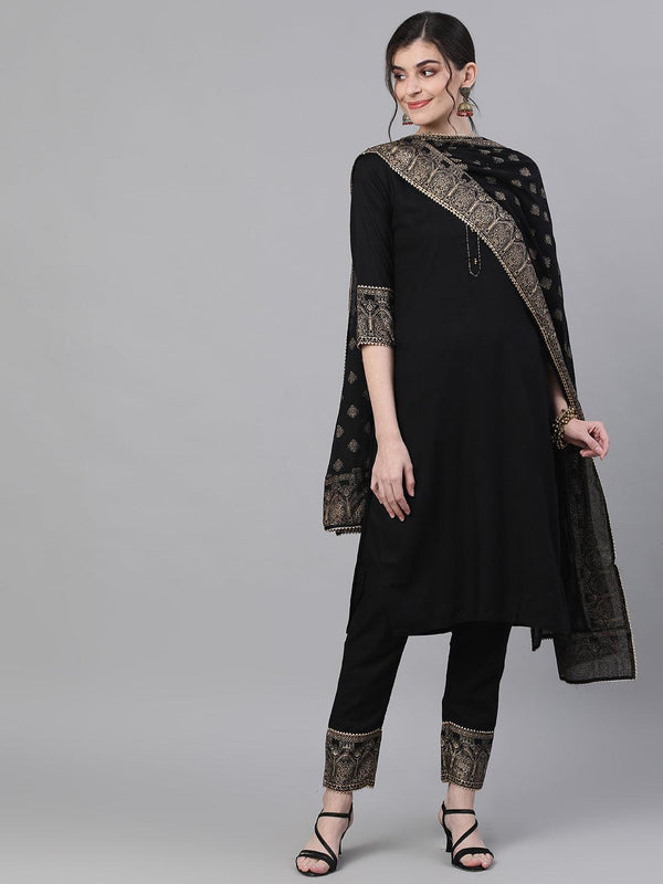 Women's Black Kurta with Pants & Dupatta suit Set by Ishin- (3pcs set) - Indiakreations