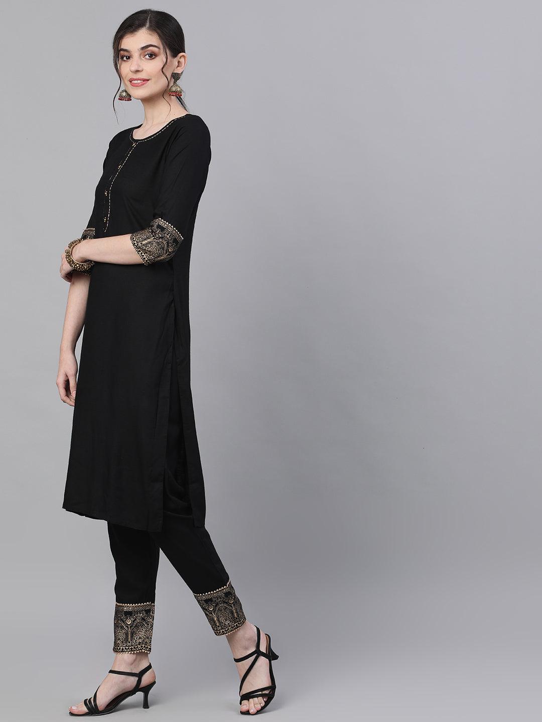 Women's Black Kurta with Pants & Dupatta suit Set by Ishin- (3pcs set) - Indiakreations