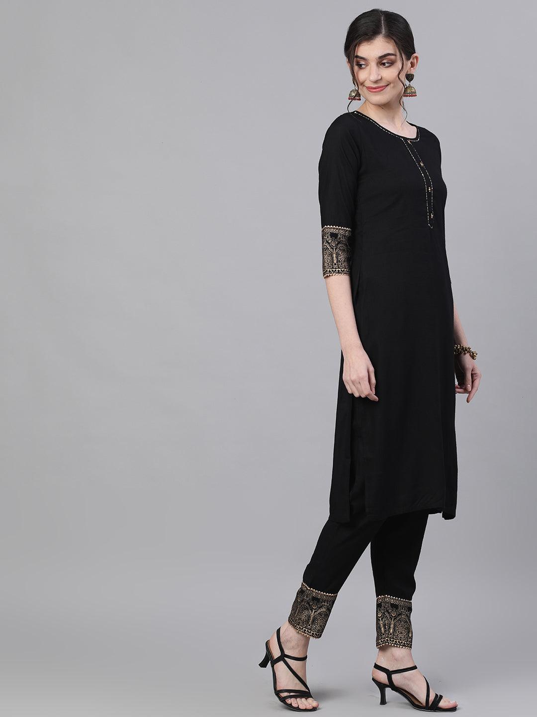 Women's Black Kurta with Pants & Dupatta suit Set by Ishin- (3pcs set) - Indiakreations