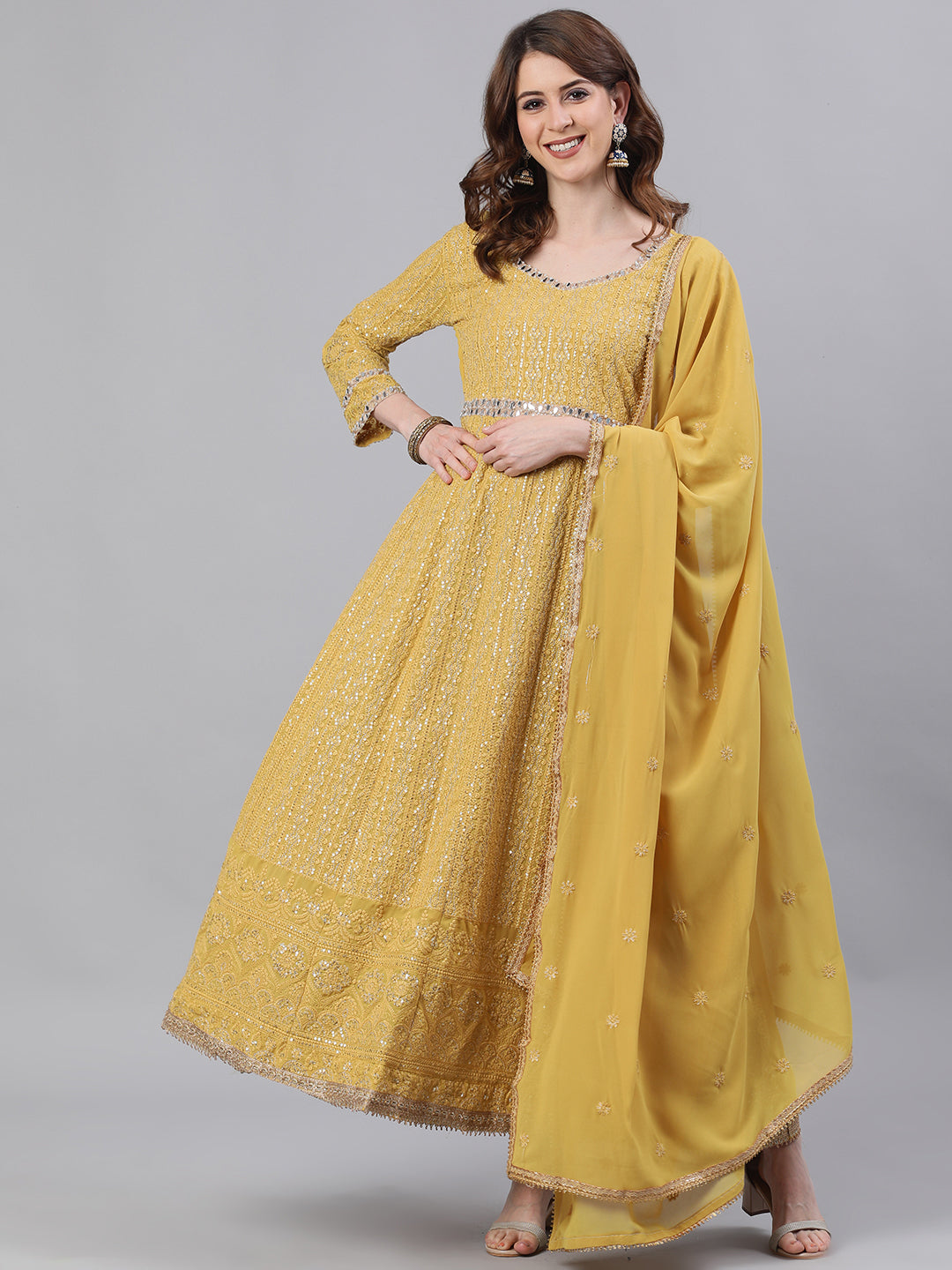 Women's Georgette Mustard Chikankari Embroidered Anarkali Kurta With Dupatta & Unstiched Bottom - Ishin