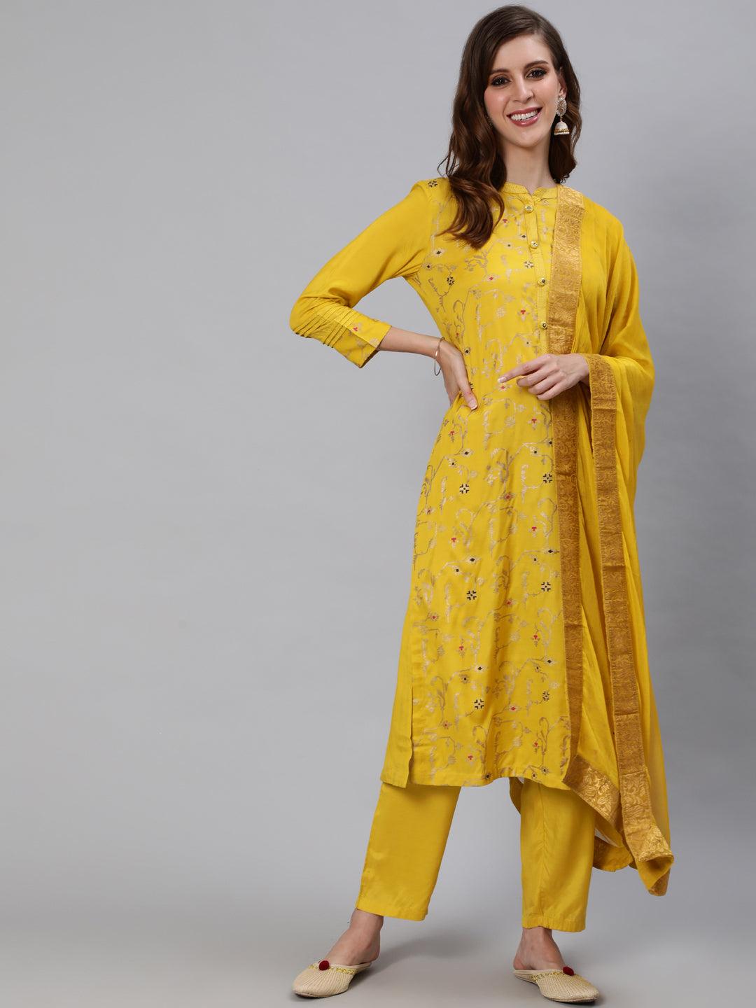 Women's Yellow Kurta & Pants with Dupatta suit Set by Ishin- (3pcs set) - Indiakreations