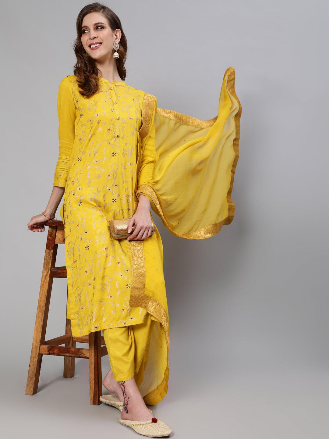 Women's Yellow Kurta & Pants with Dupatta suit Set by Ishin- (3pcs set) - Indiakreations