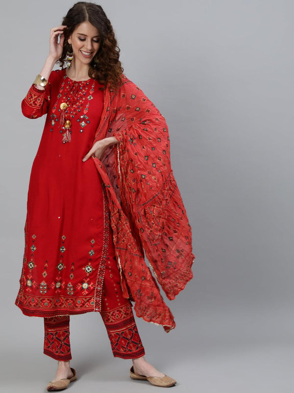 Women's Red Embroidered Straight Kurta With Trouser & Dupatta - Ishin - Indiakreations