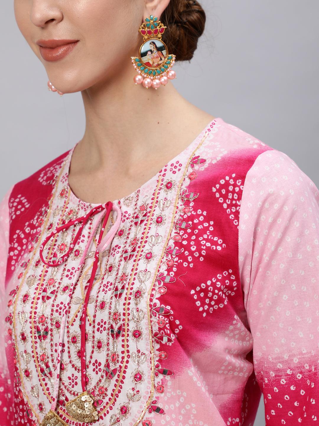 Women's Pink A-Line Kurta with Trouser & Dupatta Set by Ishin- (3pcs set) - Indiakreations