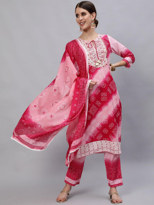 Women's Pink A-Line Kurta with Trouser & Dupatta Set by Ishin- (3pcs set) - Indiakreations