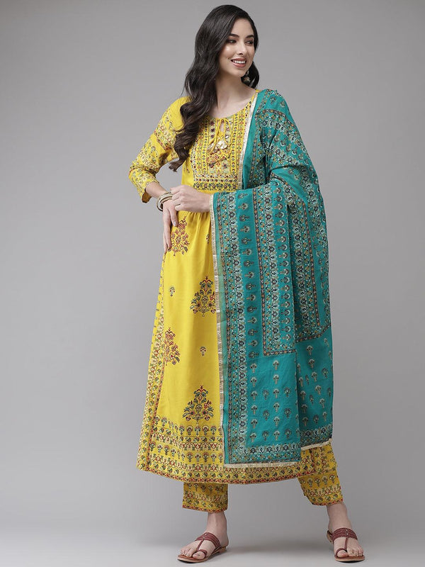 Women's Viscose Rayon Yellow Embroidered A-Line Kurta Trouser Dupatta Set - Ishin - Indiakreations